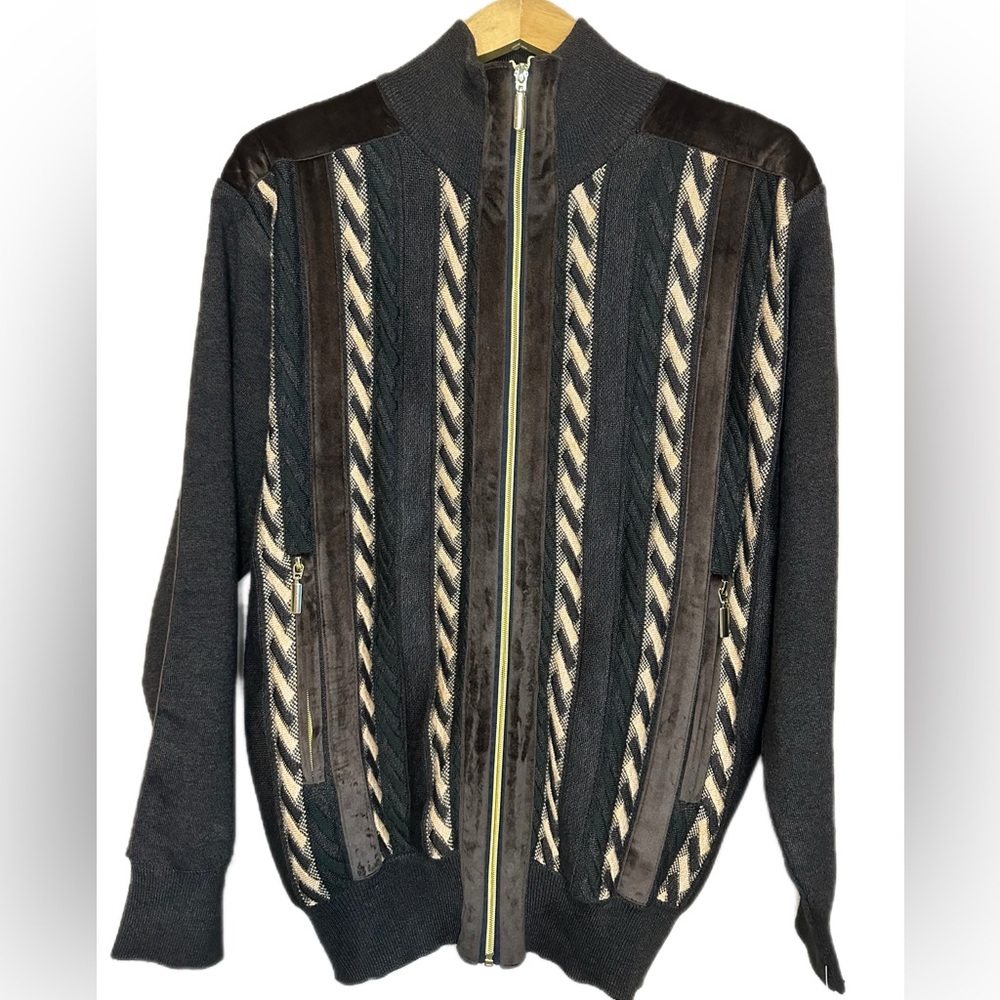 Stacy Adams Men's Lux Brown Zip-Up Sweater with Gold Accent  Cozy Designer M